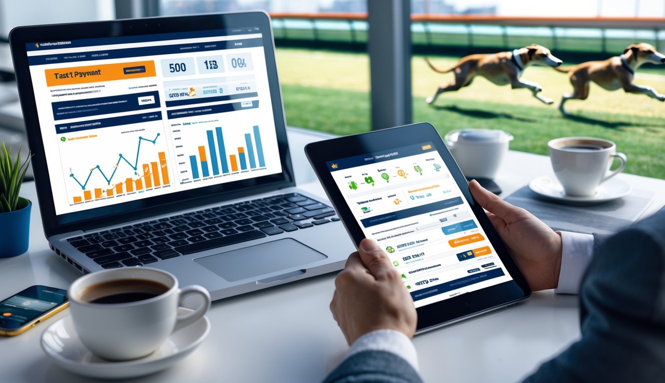 Seorang pria sedang menggunakan laptop dan tablet dengan latar belakang gambar anjing balap yang sedang berlari di lintasan.