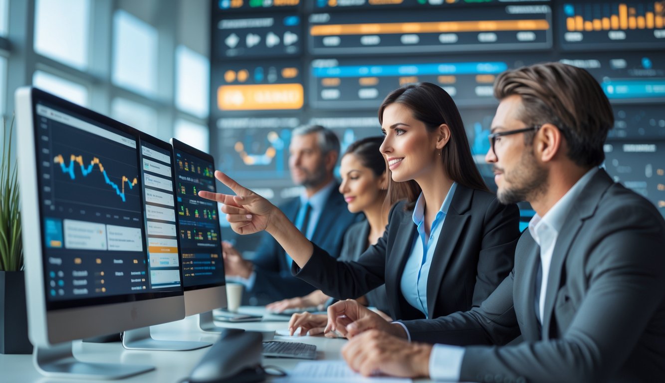 Sekelompok profesional sedang menganalisis data taruhan balap anjing di kantor modern dengan layar komputer dan grafik pembayaran cepat.