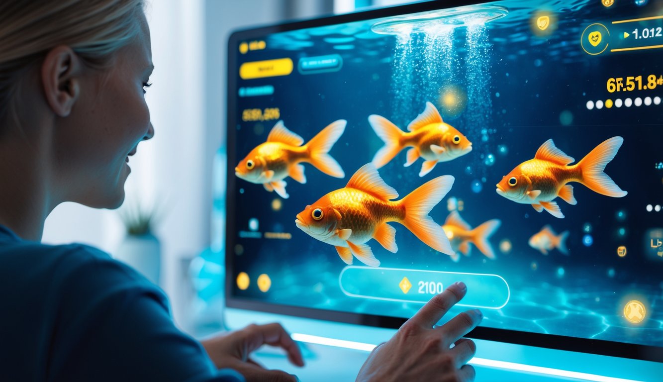 Seseorang menggunakan perangkat digital dengan layar menampilkan ikan mas berwarna emas dalam permainan menembak ikan online.