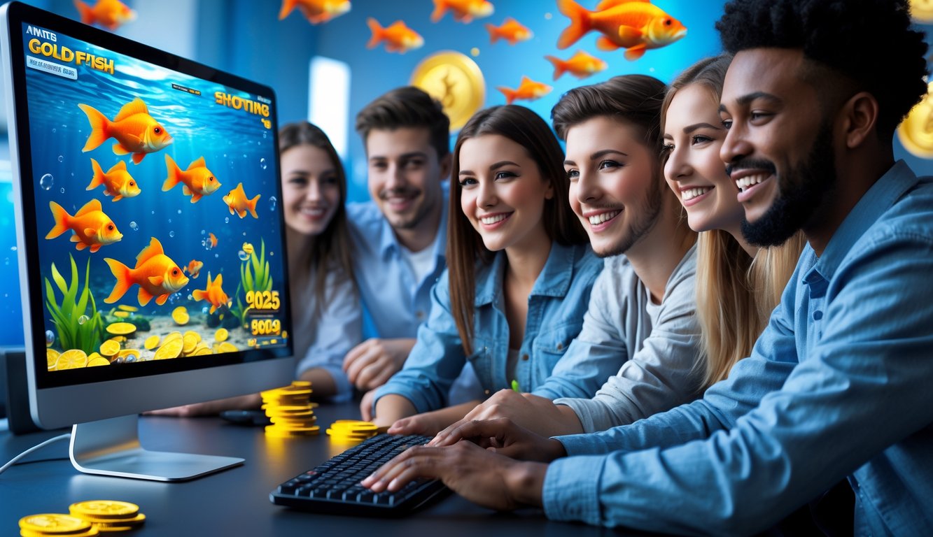 Sekelompok orang muda sedang bermain game tembak ikan dengan gambar ikan mas berwarna-warni di layar komputer.