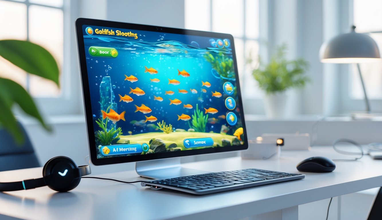 Seorang pengguna sedang memainkan permainan ikan mas digital di komputer di ruang kerja yang rapi dan terang.