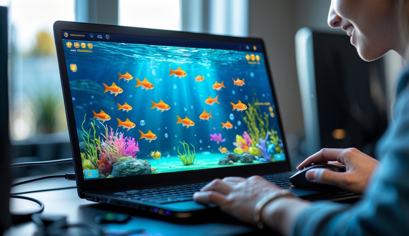 Seseorang sedang bermain permainan tembak ikan dengan tema ikan mas di layar komputer dalam suasana gaming yang modern.