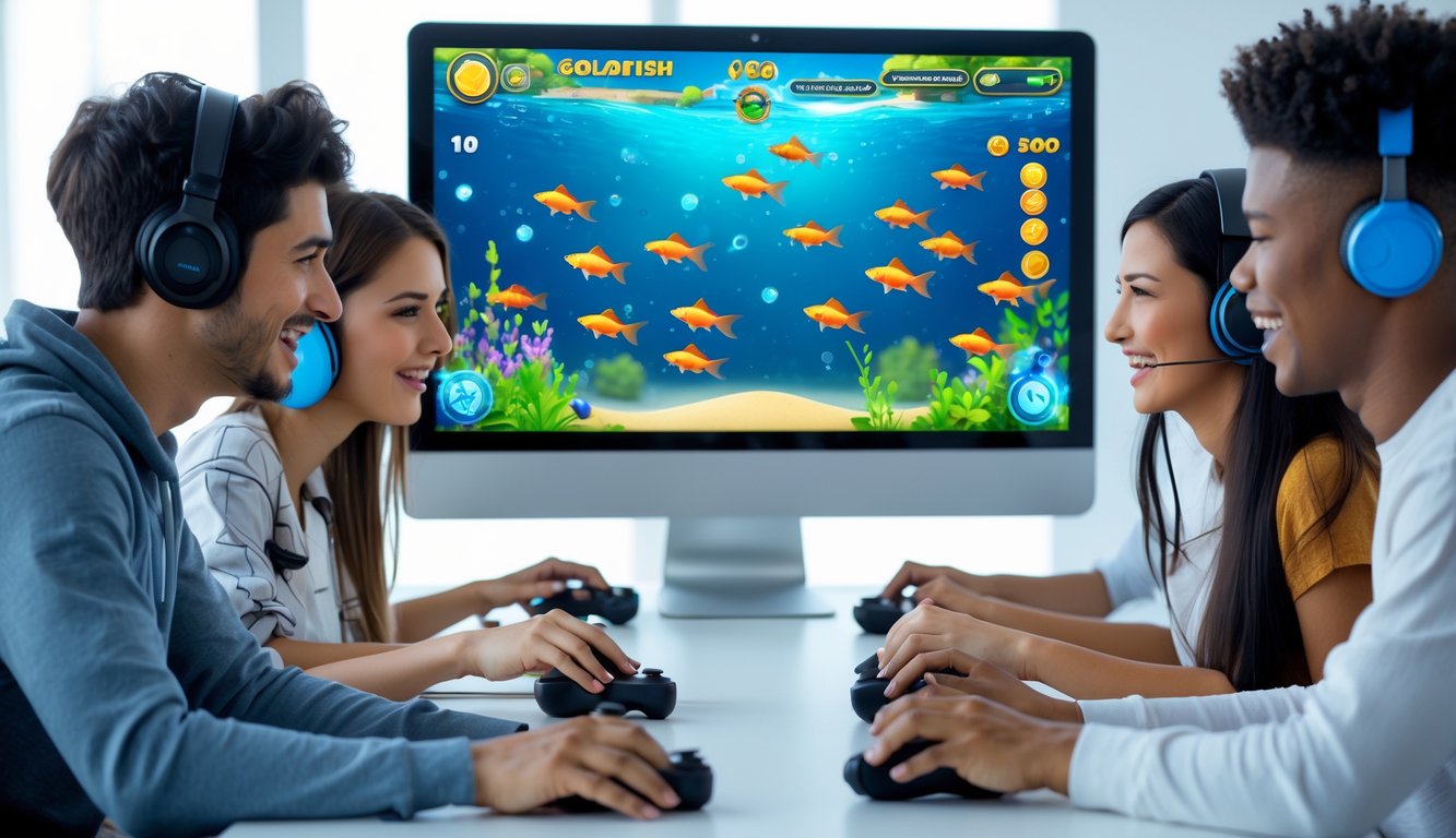 Sekelompok orang muda bermain game ikan emas di komputer di ruangan terang dengan ekspresi fokus dan antusias.