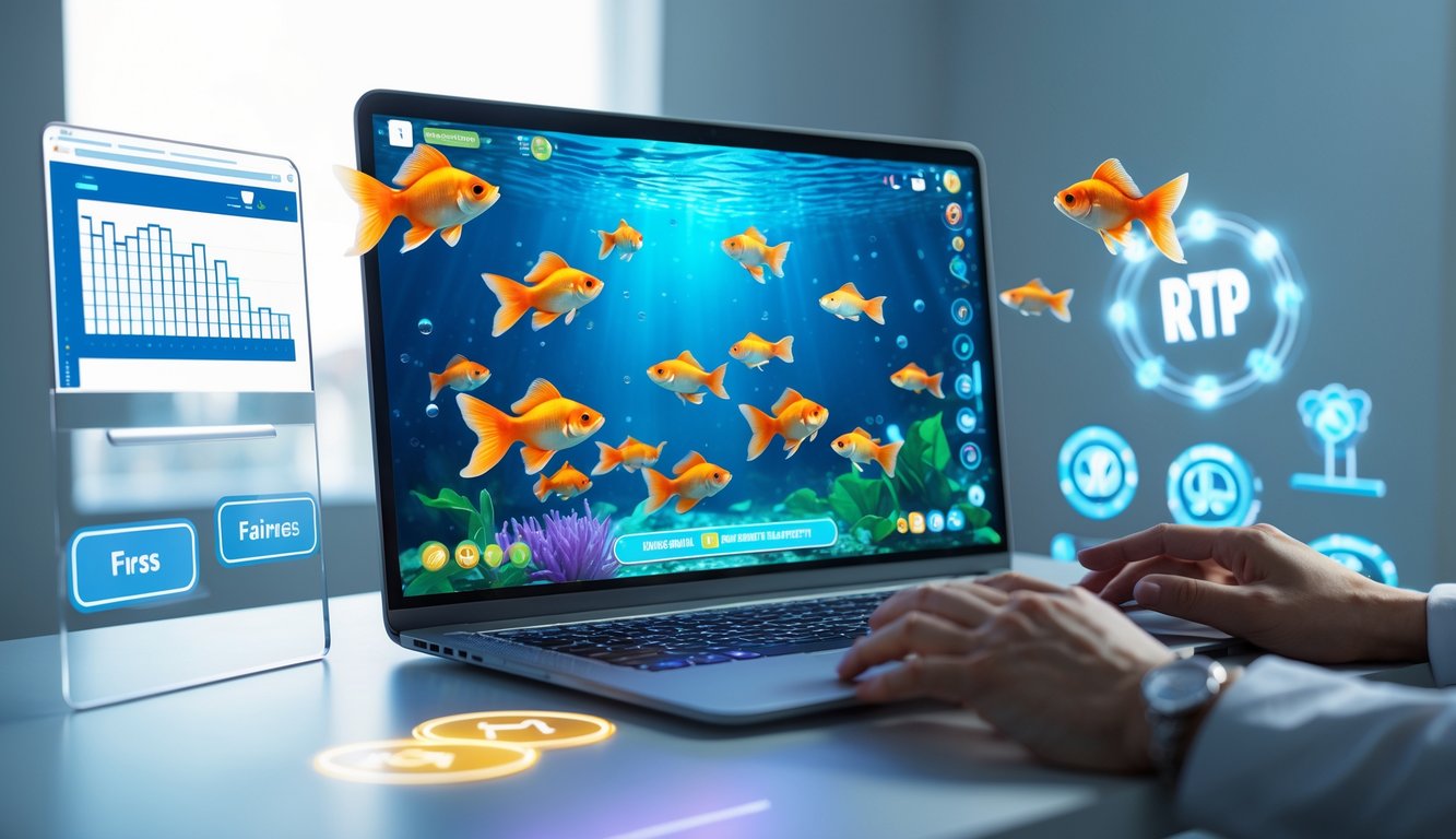 Layar komputer menampilkan permainan tembak ikan dengan ikan mas berwarna cerah di dalam antarmuka bawah laut, dikelilingi oleh elemen yang menunjukkan keadilan dan RTP tinggi.