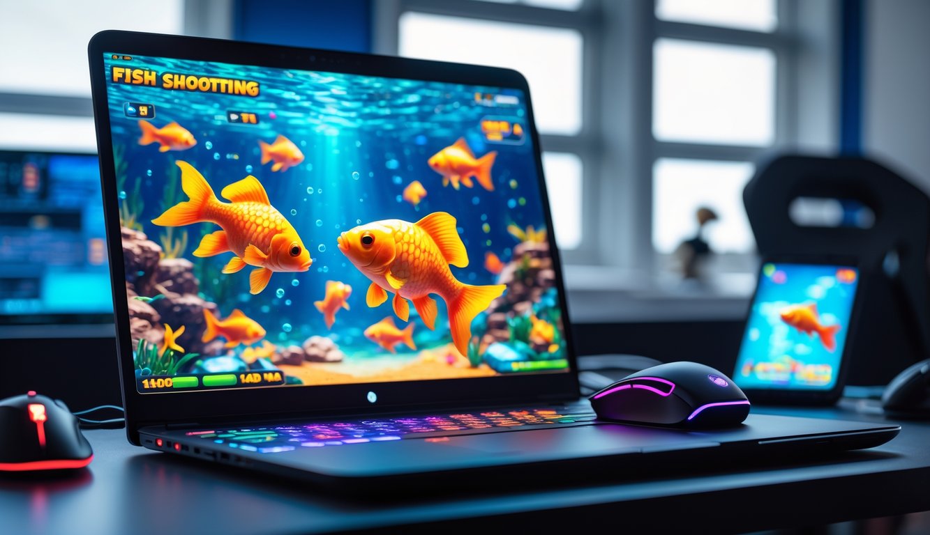 Seorang pengguna bermain game tembak ikan dengan tema ikan mas koki di depan komputer di ruang kerja modern.