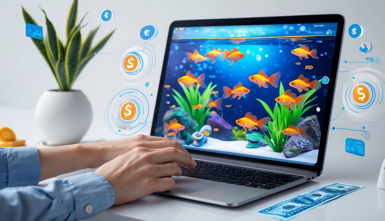 Seorang pengguna sedang bermain permainan tembak ikan goldfish secara online menggunakan komputer dengan latar belakang minimalis.