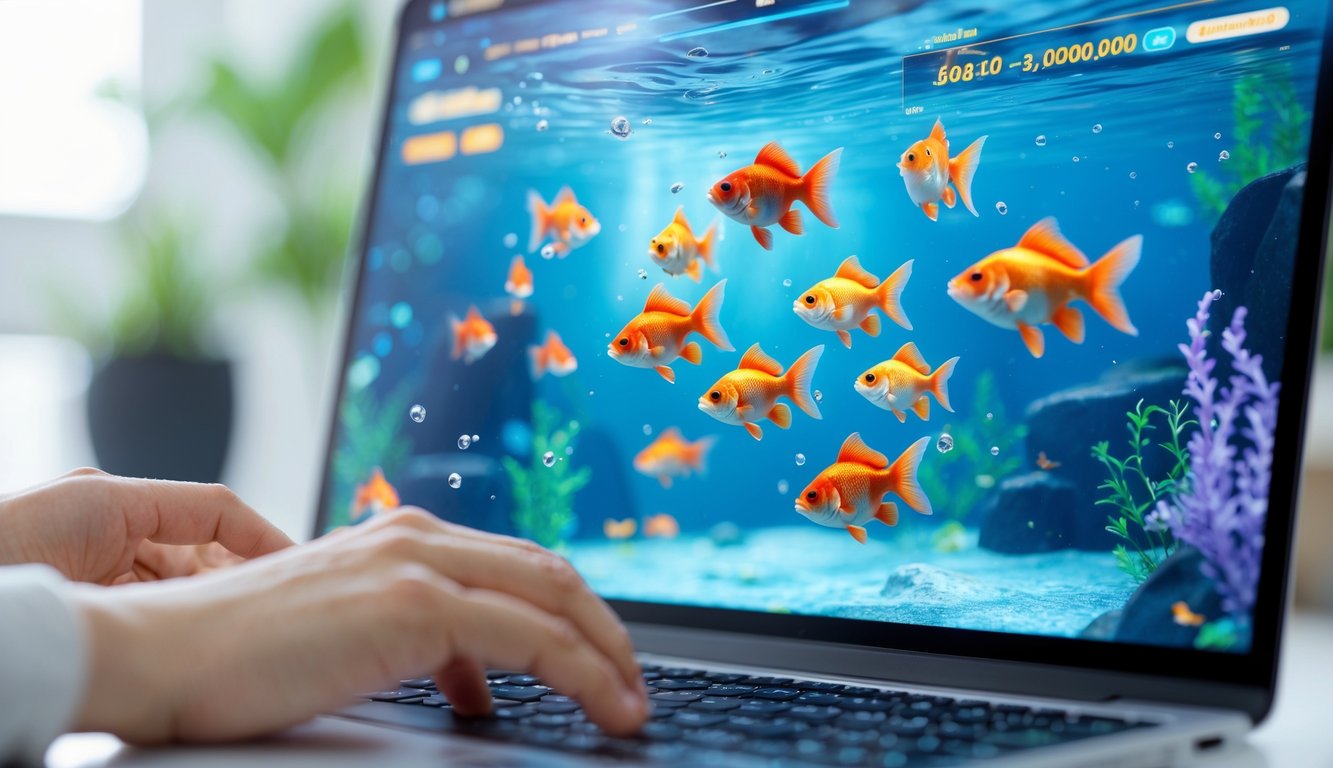Seseorang menggunakan komputer dengan permainan ikan mas emas di layar, menunjukkan aktivitas bermain game online.
