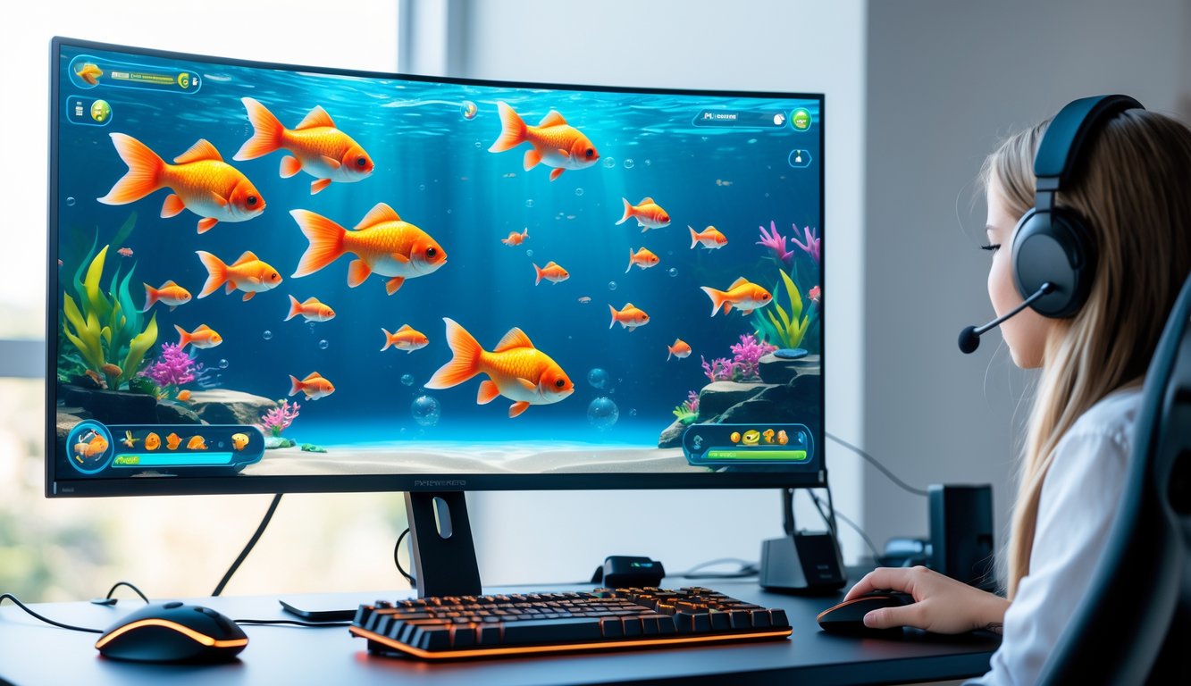 Sebuah meja komputer modern dengan monitor menampilkan permainan menembak ikan tema ikan mas koi yang berwarna-warni.