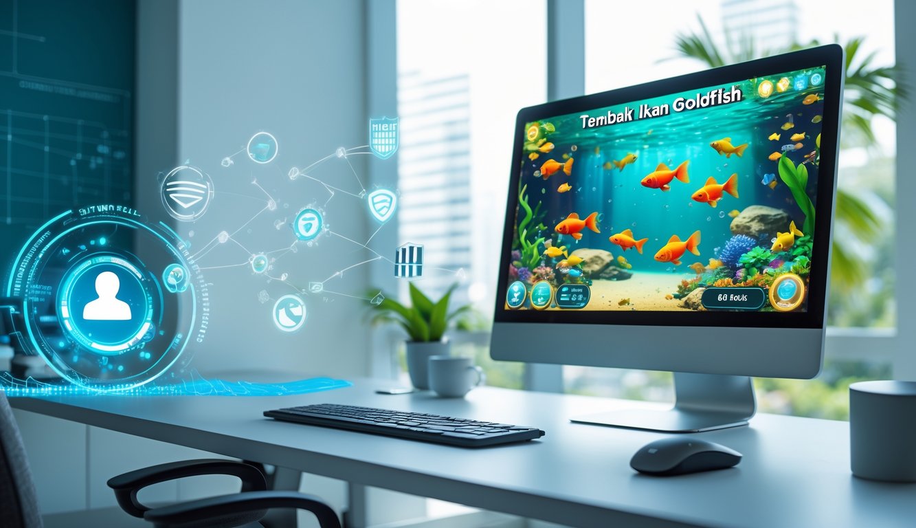 Sebuah ruang kerja modern dengan komputer yang menampilkan permainan ikan emas di layar, dikelilingi oleh simbol koneksi internet dan keamanan digital.