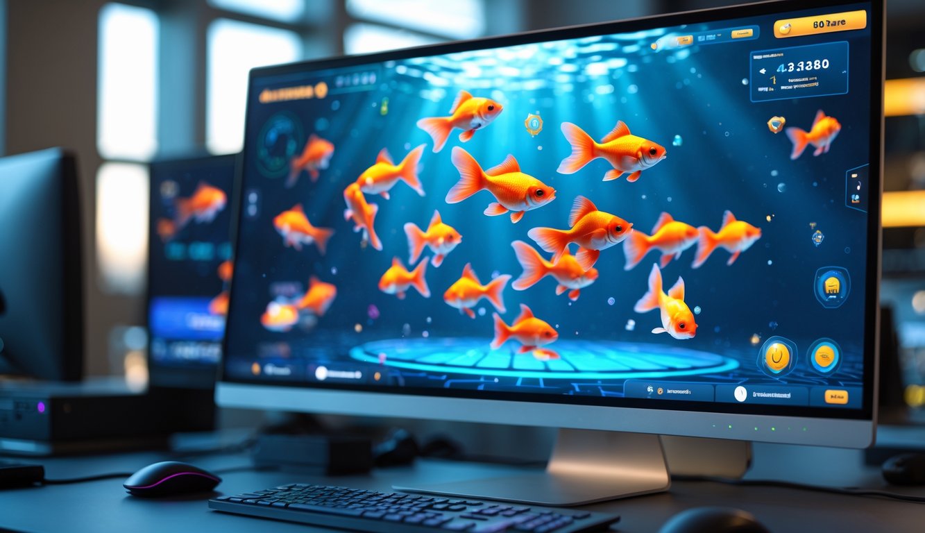 Sebuah komputer di meja kerja menampilkan permainan tembak ikan dengan gambar ikan mas yang berwarna-warni di layar.
