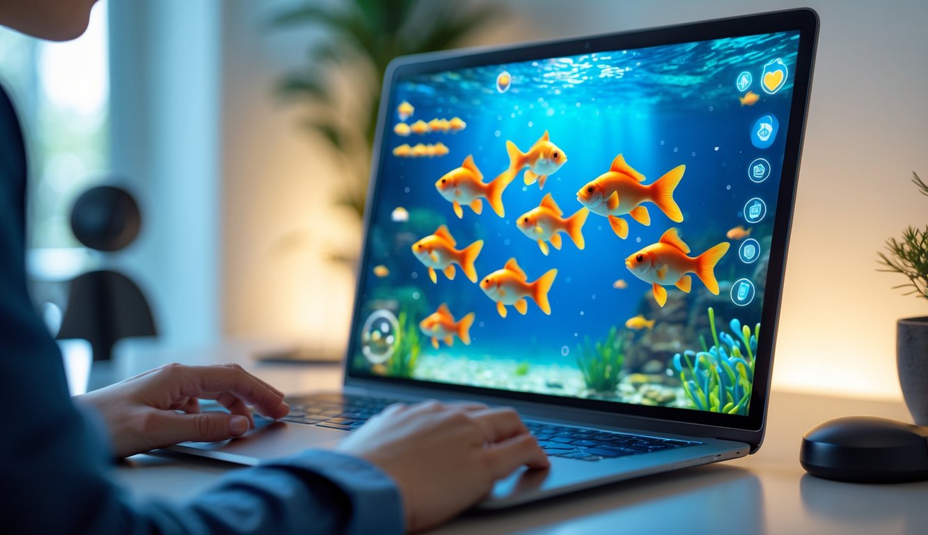 Seseorang menggunakan komputer dengan permainan menembak ikan goldfish berwarna cerah di layar, dengan latar belakang bersih dan simbol keamanan samar.