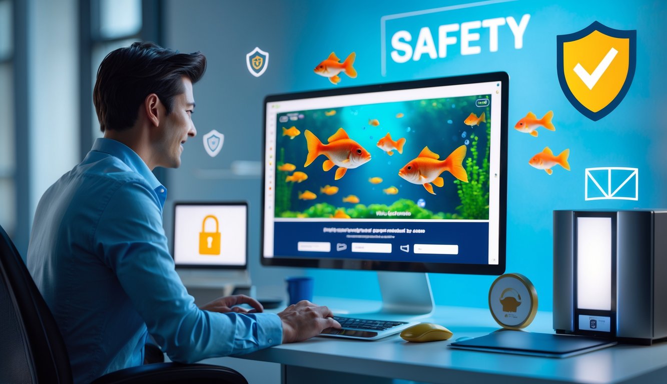 Seorang pria di depan komputer dengan layar menampilkan permainan tembak ikan goldfish online, di meja terlihat simbol keamanan seperti ikon gembok dan tanda centang.