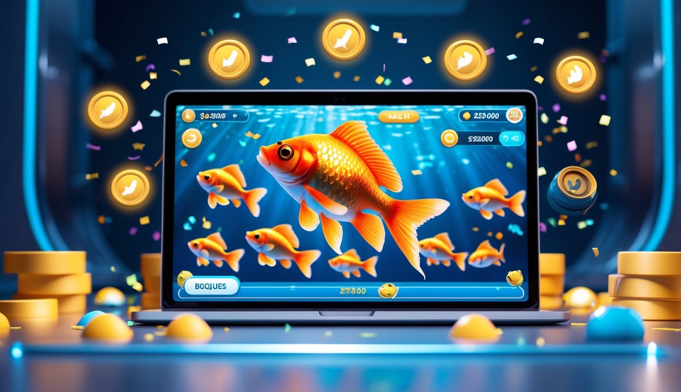 Layar perangkat digital menampilkan permainan menembak ikan mas koki dengan elemen promosi acara harian besar di latar belakang yang cerah dan modern.