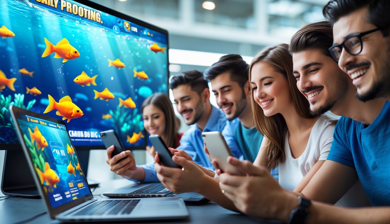 Sekelompok orang muda sedang bermain game tembak ikan Goldfish secara online dengan latar belakang grafis ikan berwarna-warni dan suasana yang cerah.