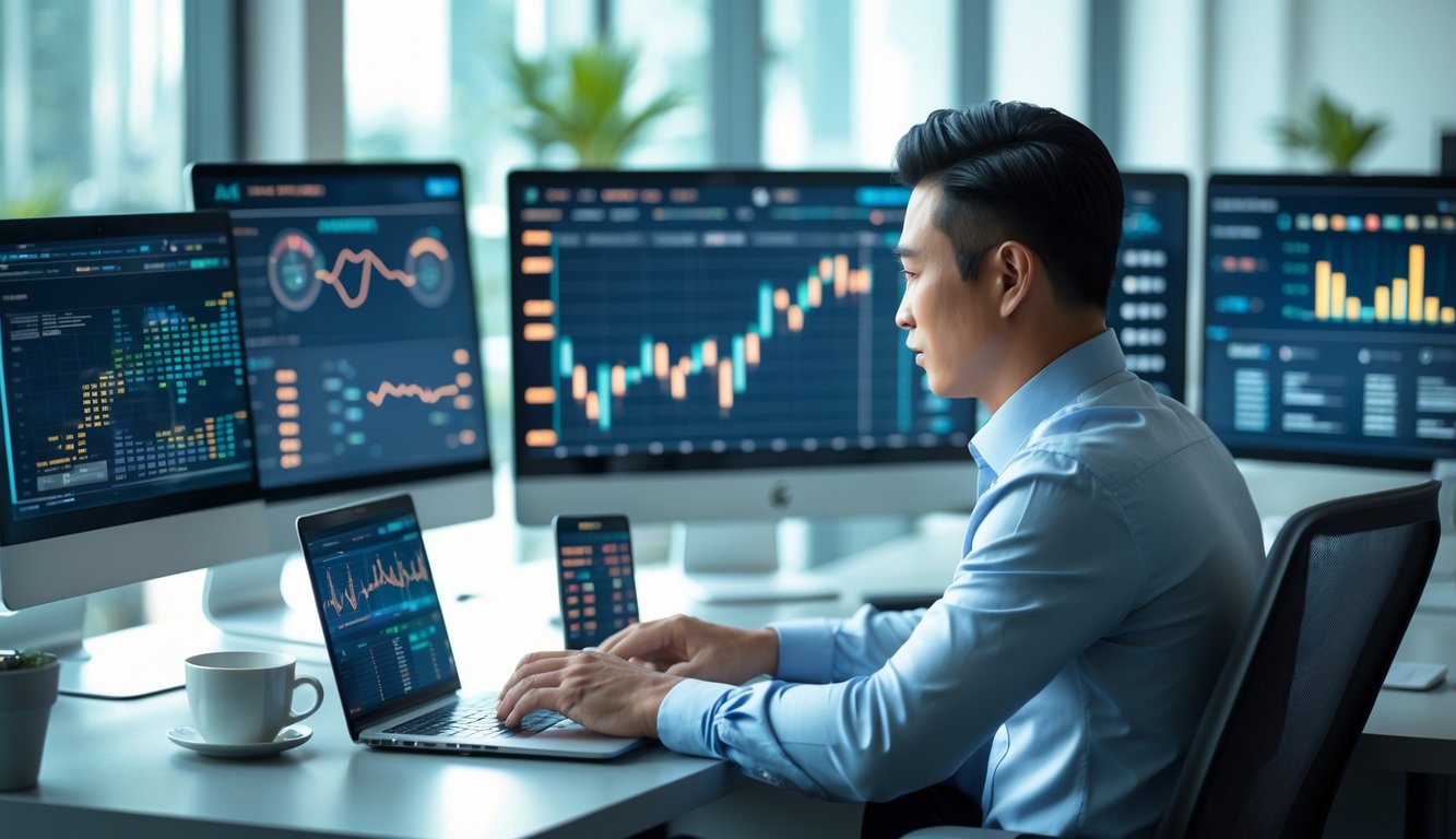 Seorang pria Asia Tenggara duduk di meja modern dengan beberapa layar komputer menampilkan data dan grafik, bekerja dengan laptop dan ponsel di kantor yang rapi.