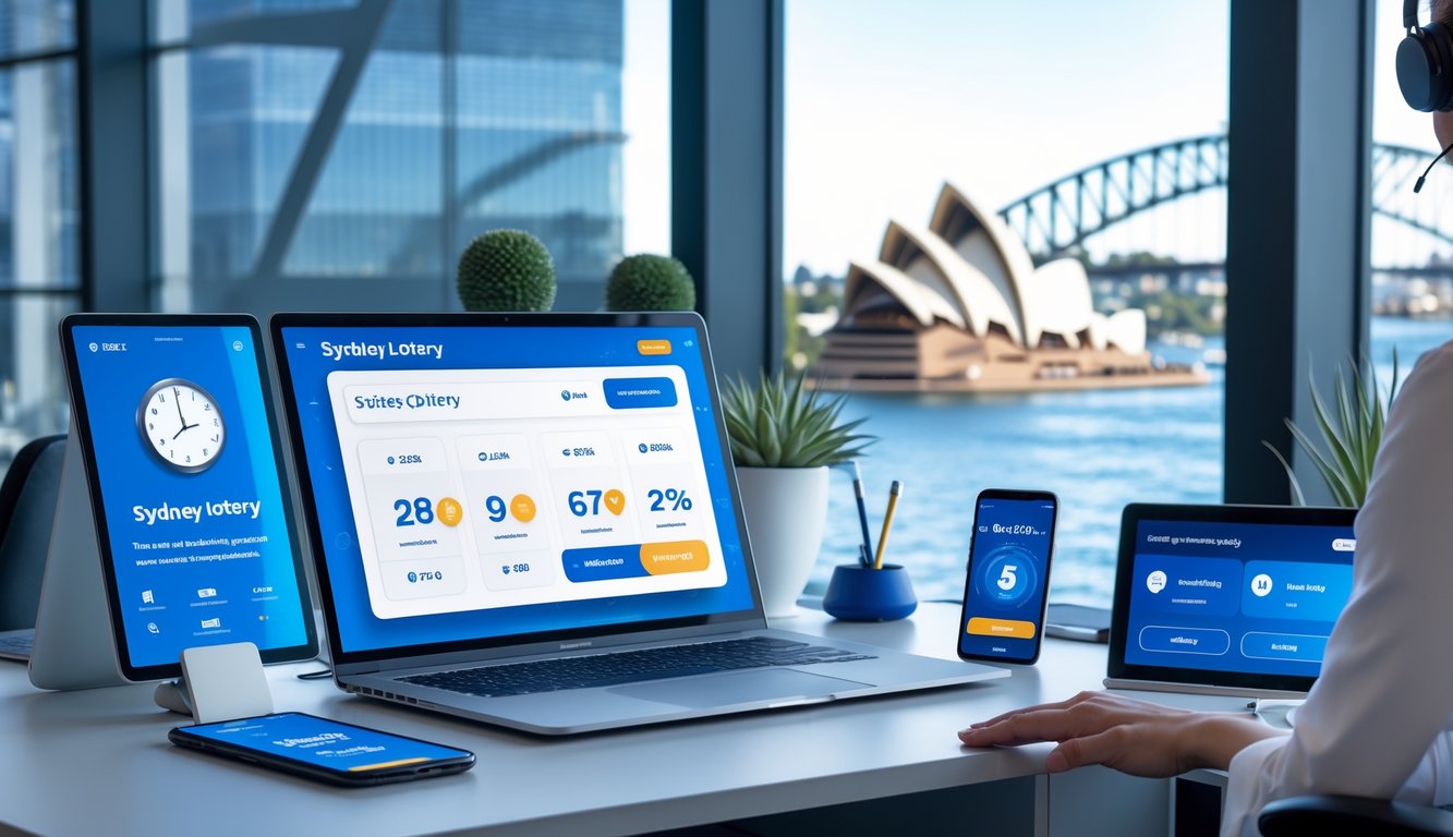 Seorang staf layanan pelanggan di meja kerja modern dengan laptop dan ponsel, latar belakang pemandangan kota Sydney melalui jendela besar.
