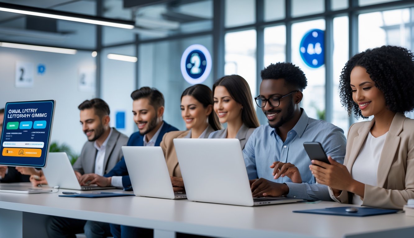 Sekelompok orang menggunakan laptop dan ponsel di kantor modern yang terang, menggambarkan transaksi online cepat dan layanan 24 jam.