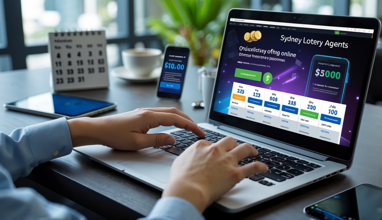 Orang menggunakan laptop di meja kerja dengan tampilan situs togel online di layar, dikelilingi oleh kalender, kopi, dan ponsel.