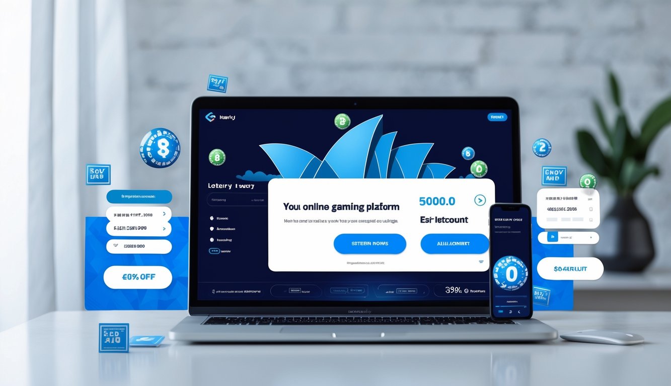 Seorang pengguna sedang melihat platform togel online Sydney di laptop dan ponsel di atas meja yang rapi dengan latar belakang simbol Sydney.