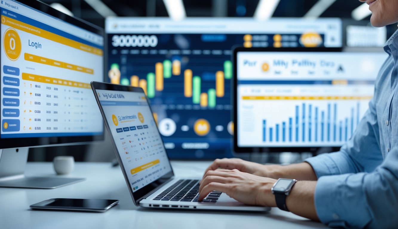 Seseorang menggunakan laptop di ruang kerja modern dengan beberapa layar yang menampilkan hasil undian lotere secara langsung.