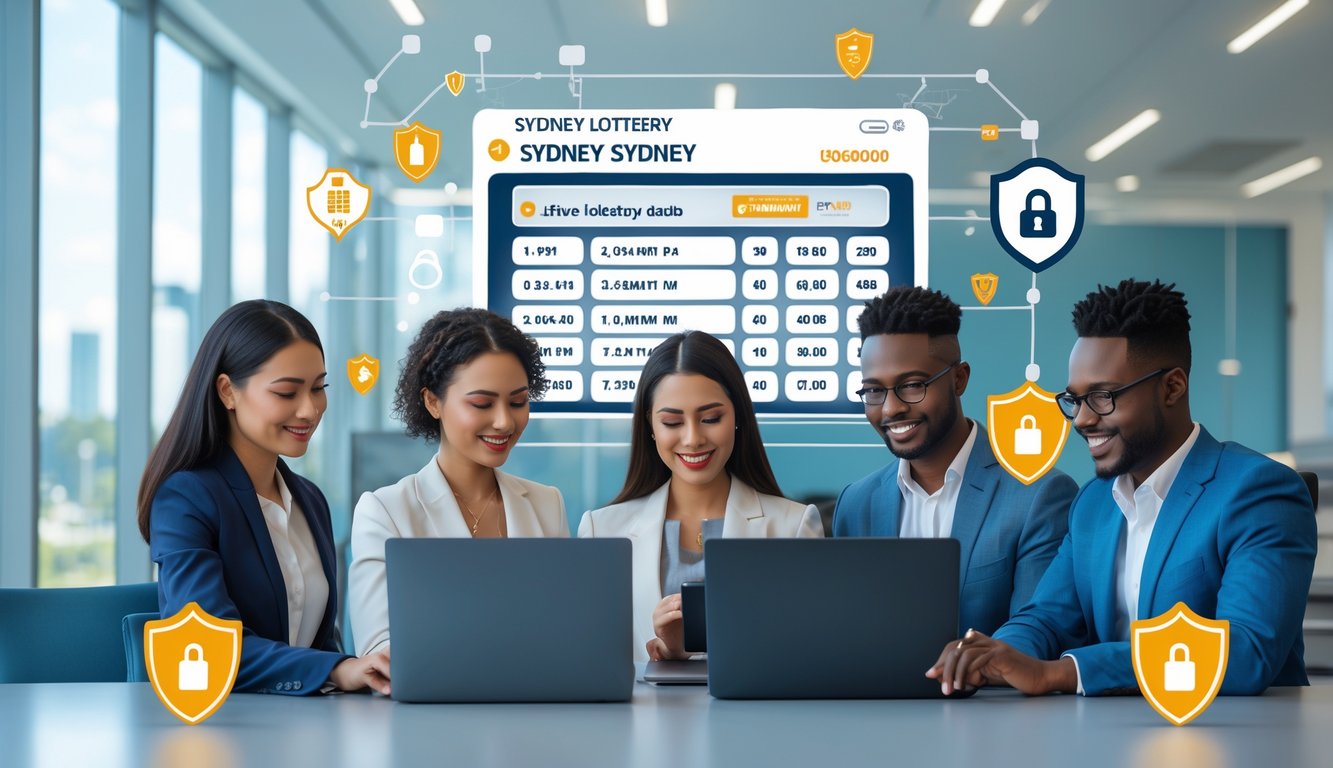 Sekelompok orang menggunakan perangkat digital untuk melihat hasil undian togel secara online di ruang kantor yang terang dan aman.