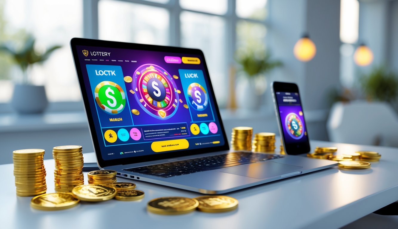 Meja kerja modern dengan laptop yang menampilkan situs togel online, dikelilingi koin emas dan bola togel, di ruang dengan cahaya alami.