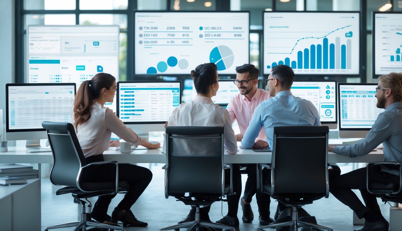 Sekelompok orang bekerja bersama di kantor modern dengan layar komputer yang menampilkan data dan angka lotere.