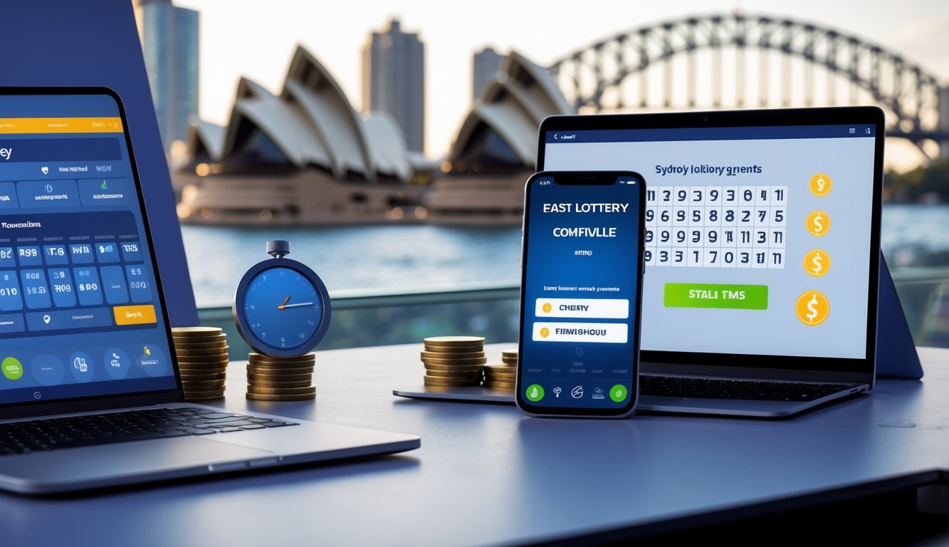 Meja kerja dengan laptop dan ponsel yang menampilkan antarmuka lotere online, dengan simbol uang dan stopwatch, serta latar belakang samar landmark Sydney.