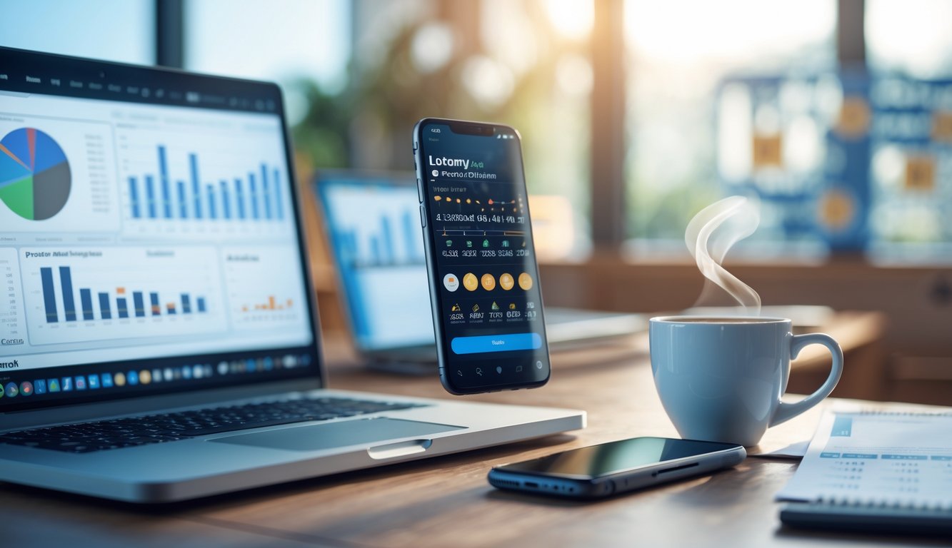 Meja kerja modern dengan laptop menampilkan grafik dan smartphone dengan aplikasi lotere, disertai secangkir kopi dan dokumen di latar belakang.