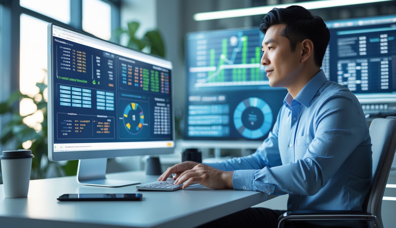 Seorang pria Asia duduk di meja kantor modern sambil melihat layar komputer yang menampilkan grafik dan data prediksi angka togel.