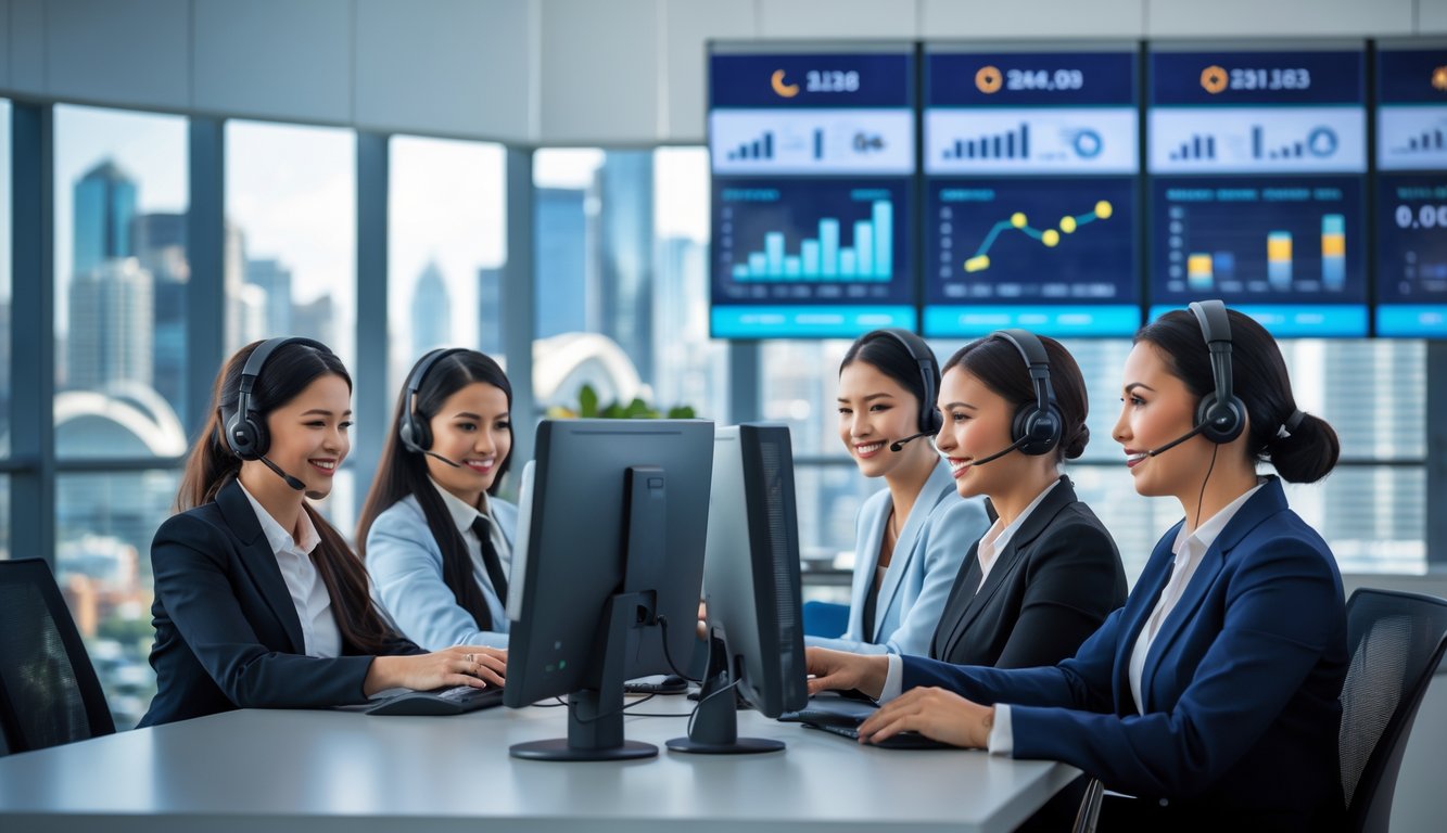 Tim layanan pelanggan yang ramah bekerja di pusat layanan modern dengan pemandangan kota Sydney di latar belakang.