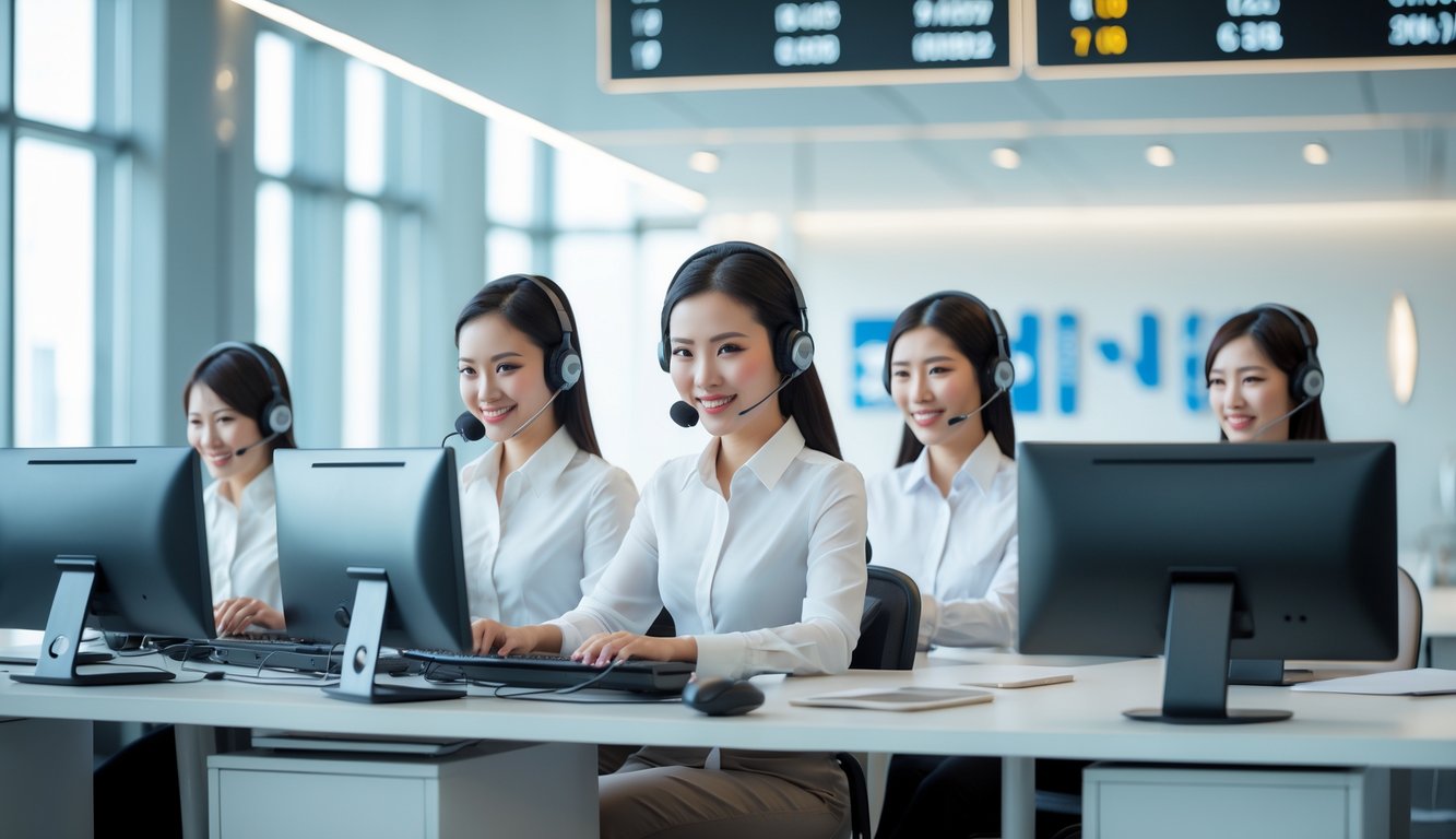 Pusat layanan pelanggan modern dengan staf yang ramah menggunakan headset di kantor yang terang dan rapi.