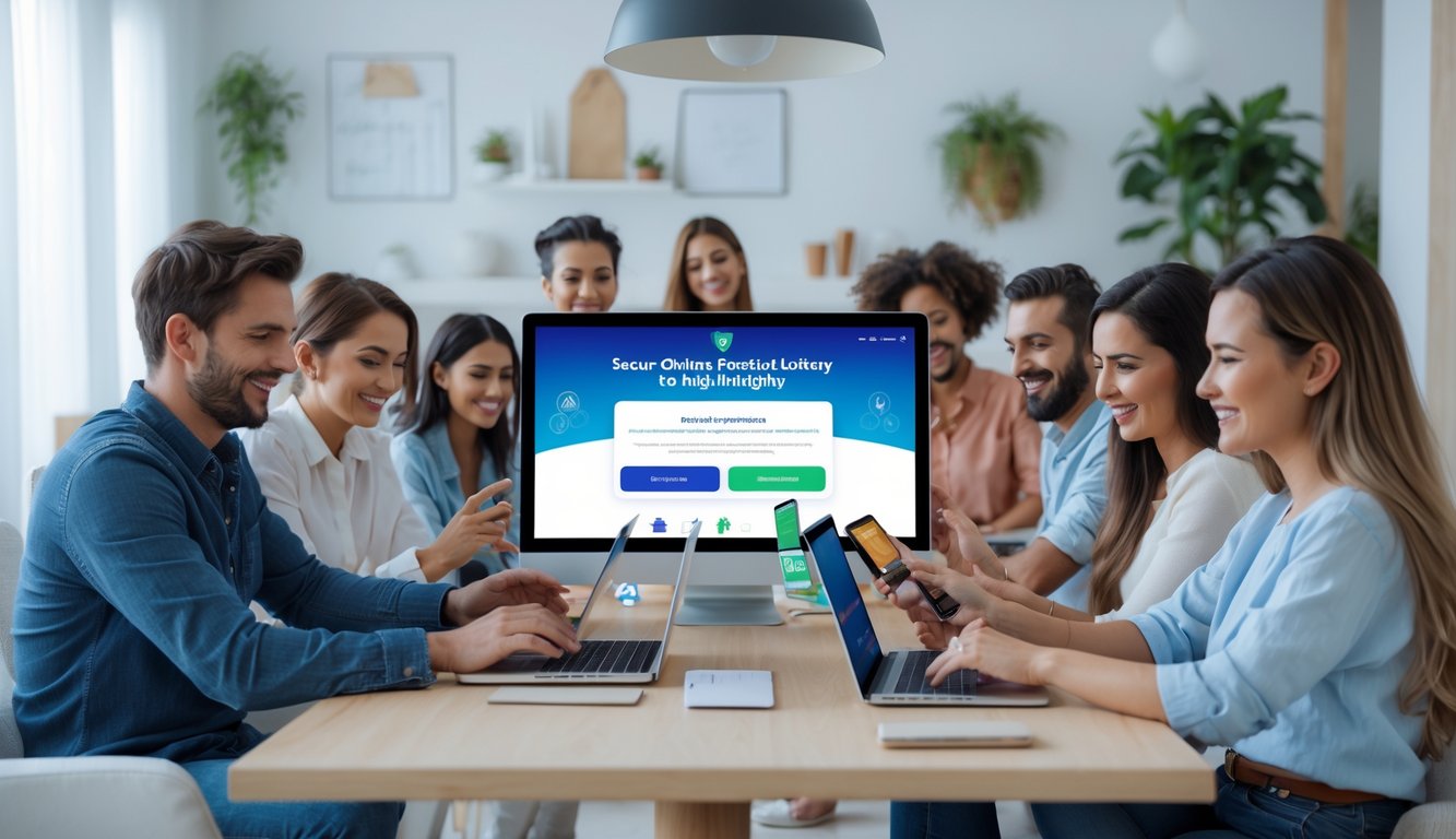 Beberapa orang menggunakan perangkat digital di ruangan yang terang dan nyaman, menunjukkan aktivitas bermain togel online dengan suasana aman dan profesional.