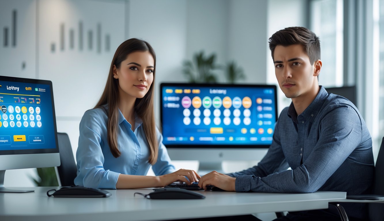 Dua orang dewasa muda duduk di meja modern dengan beberapa layar komputer yang menampilkan antarmuka lotere online, terlihat fokus dan serius dalam suasana kantor yang terang dan rapi.