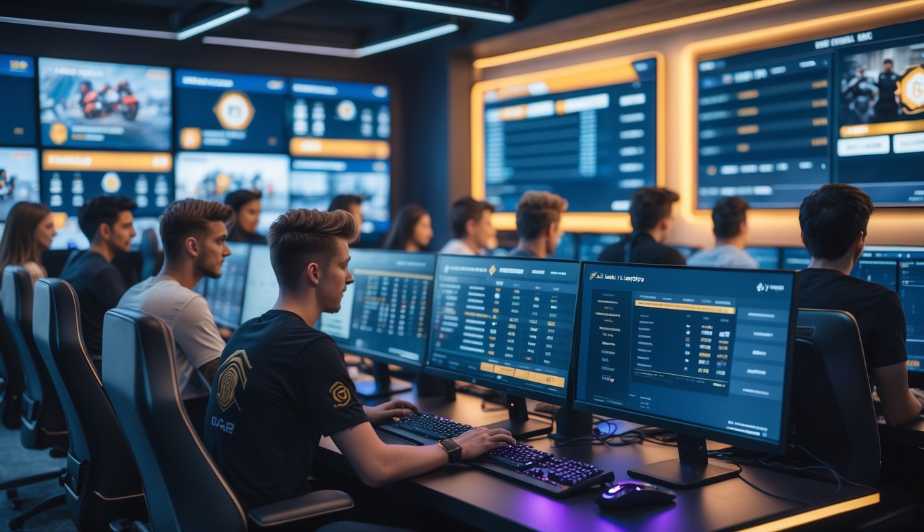 Sekelompok orang muda sedang menggunakan komputer dalam ruangan gaming modern dengan layar menampilkan pertandingan esports dan grafik taruhan.