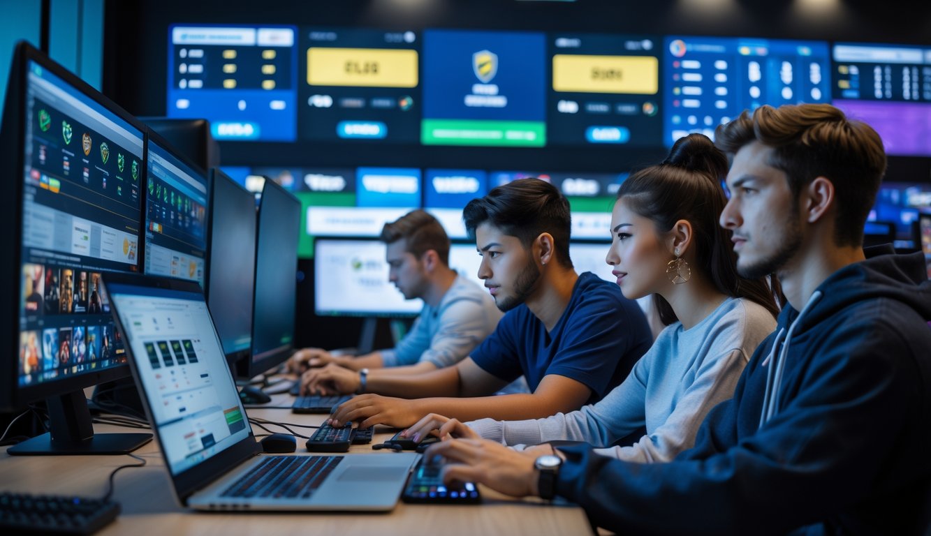 Beberapa orang muda sedang fokus menggunakan komputer dan ponsel untuk bertaruh pada pertandingan esports online di sebuah ruang kerja modern.