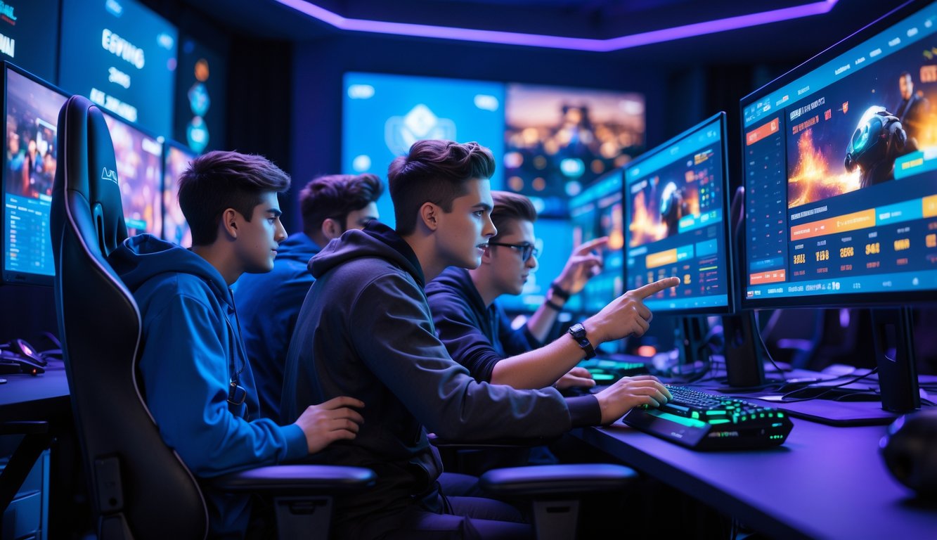 Sekelompok orang muda sedang fokus di depan layar komputer menonton pertandingan esports dan memasang taruhan dalam ruangan gaming yang modern.
