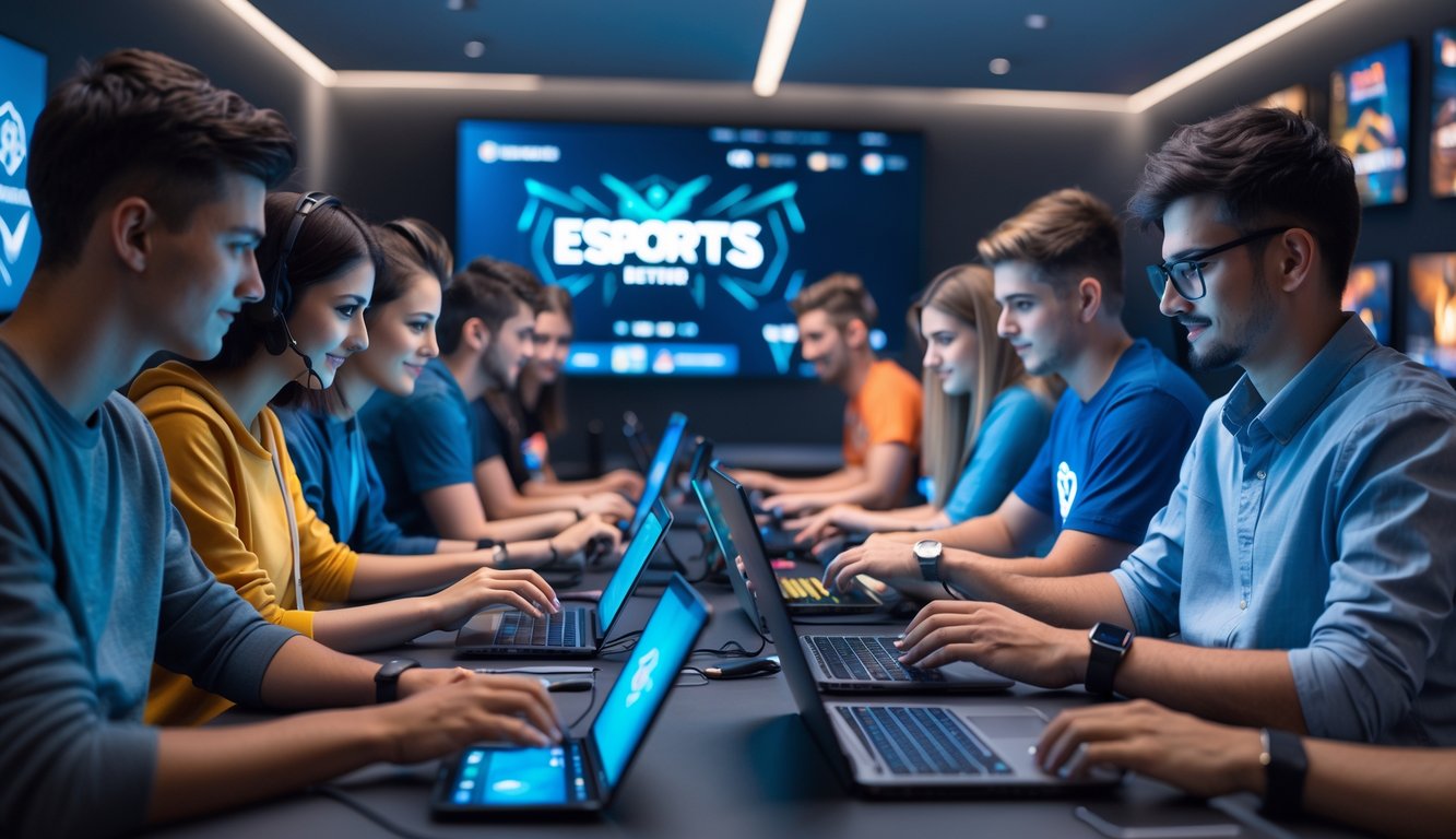 Sekelompok orang muda menggunakan perangkat digital untuk bermain dan bertaruh pada permainan esports Mobile Legends dan Dota 2 dalam ruangan modern.