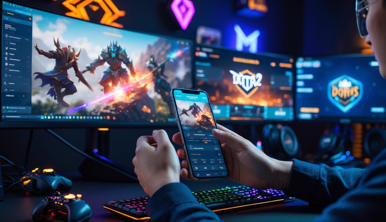 Seseorang menggunakan smartphone di meja gaming dengan beberapa monitor menampilkan permainan Mobile Legends dan Dota 2.