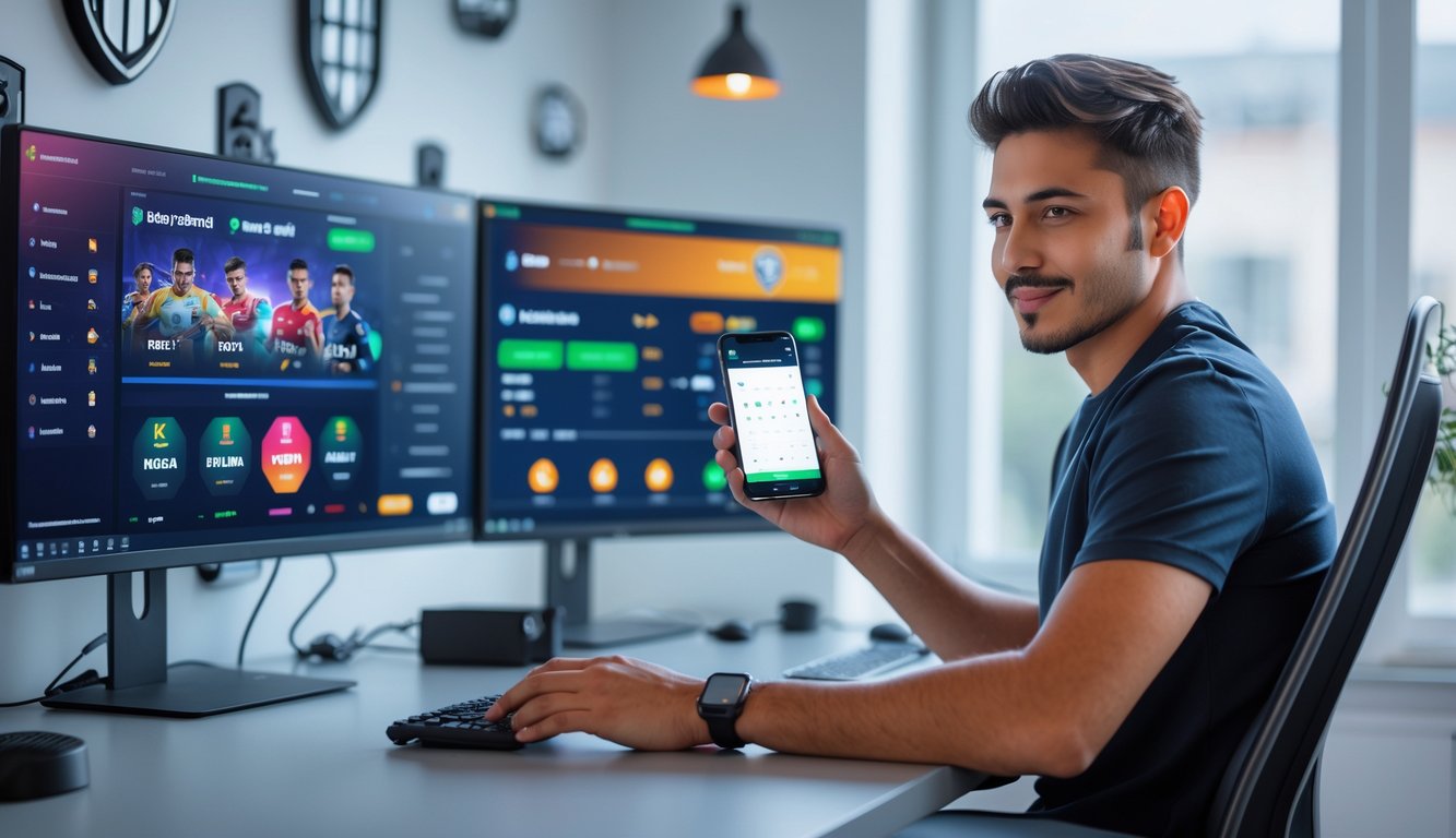 Seorang pria muda duduk di depan komputer dengan beberapa layar menampilkan permainan esports dan proses deposit cepat dalam suasana kantor rumah yang modern dan aman.