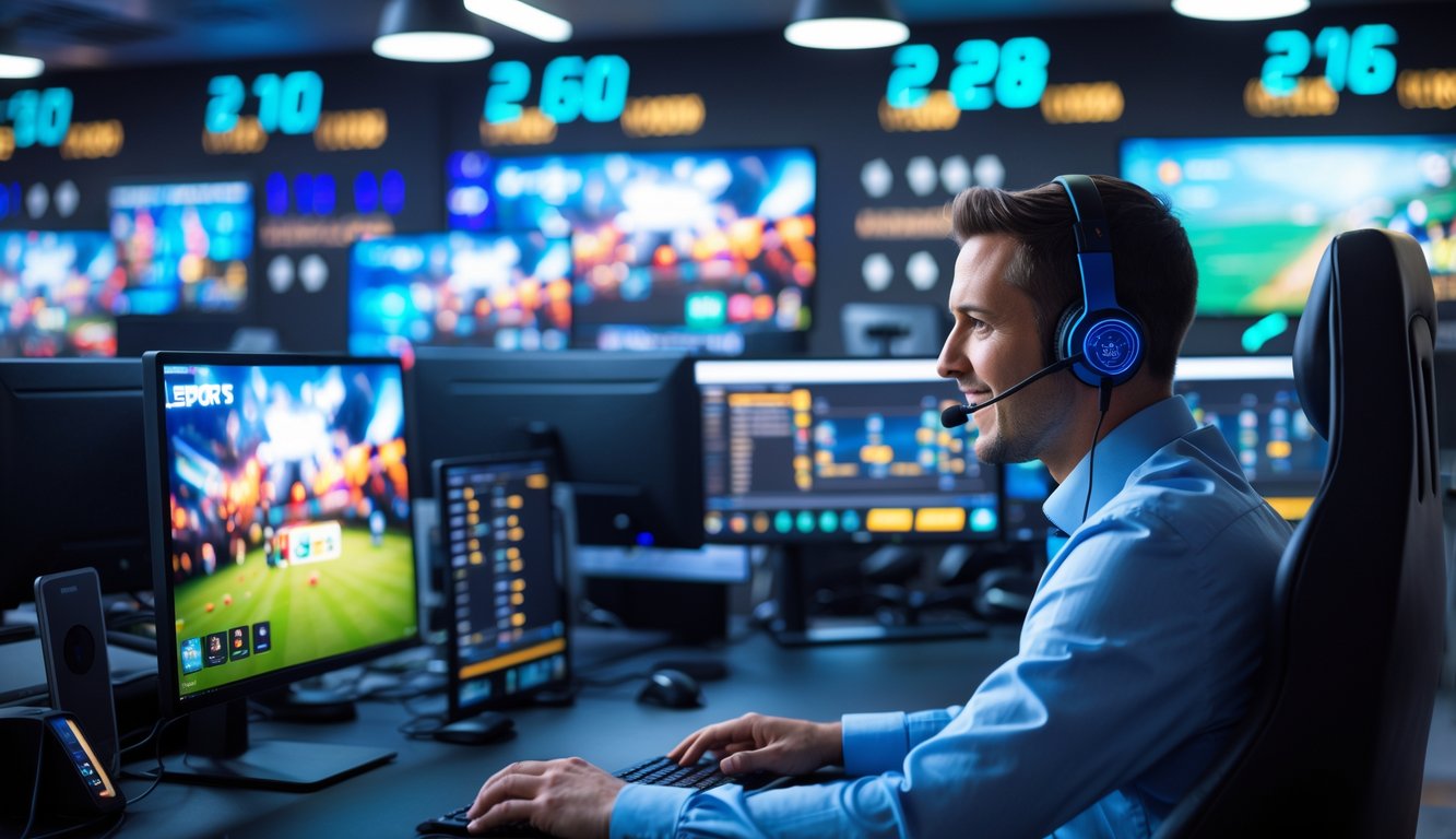 Seorang staf layanan pelanggan dengan headset membantu klien di kantor modern dengan beberapa monitor yang menampilkan permainan esports dan antarmuka taruhan.