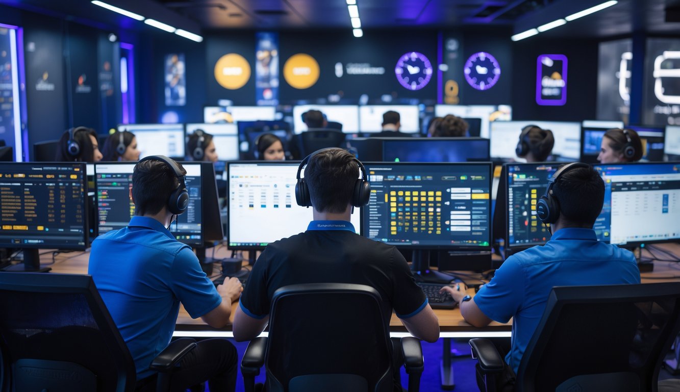 Tim layanan pelanggan yang sedang bekerja di pusat layanan dengan komputer dan headset, melayani pelanggan judi esports online sepanjang waktu.