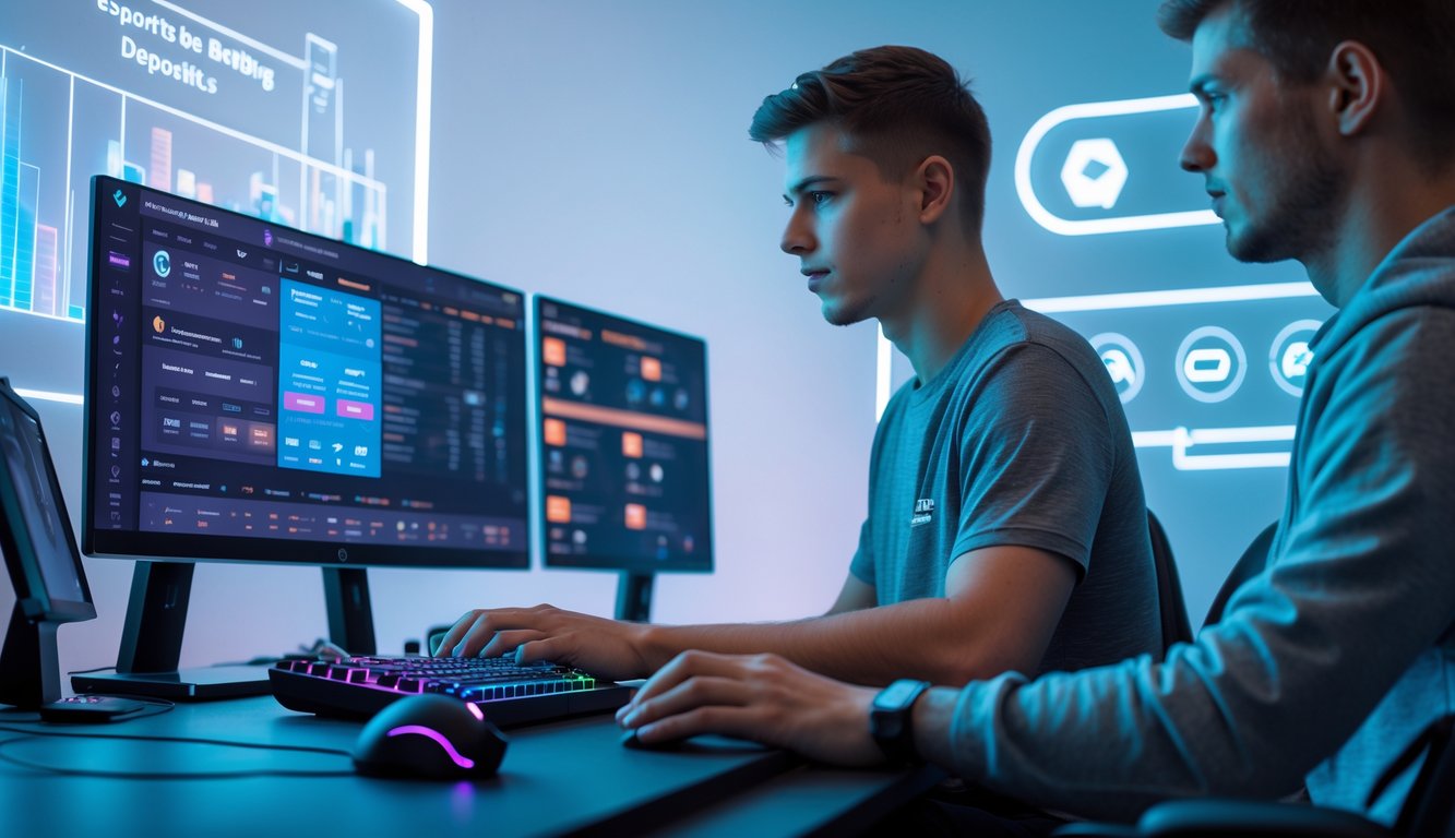 Seorang dewasa muda sedang menggunakan komputer dengan beberapa layar yang menampilkan permainan esports dan informasi taruhan dalam ruangan yang modern dan rapi.