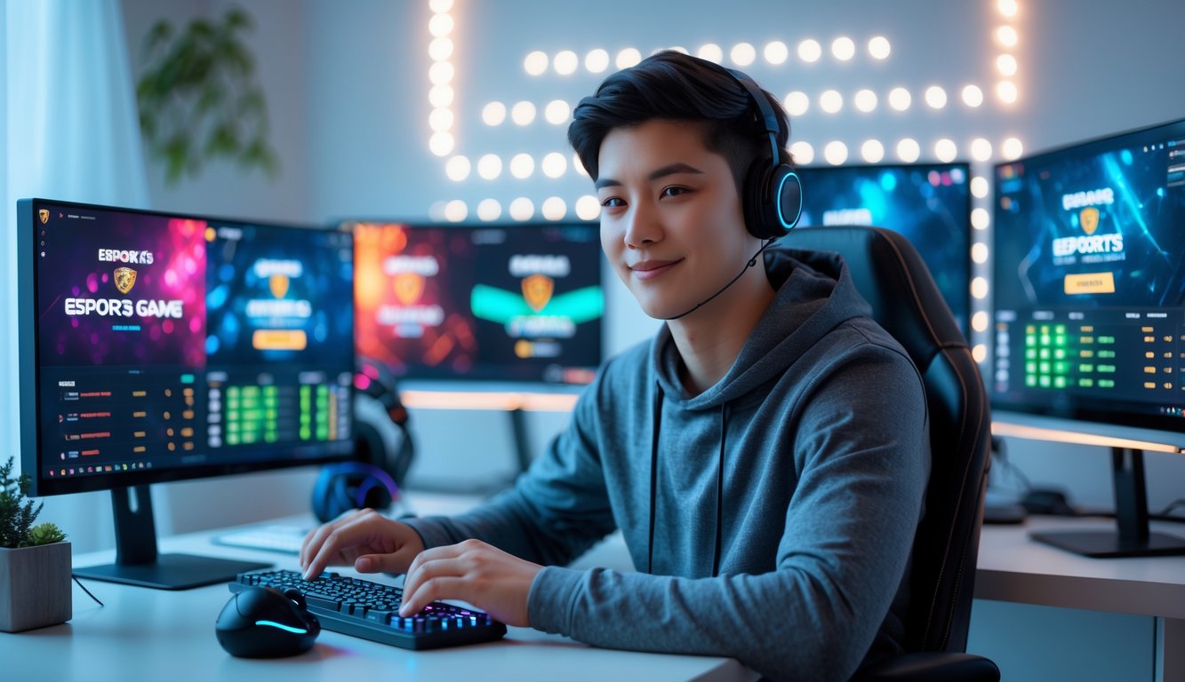 Seorang dewasa muda duduk di meja dengan beberapa monitor menampilkan pertandingan esports, terlihat fokus dan percaya diri di ruang kerja modern.