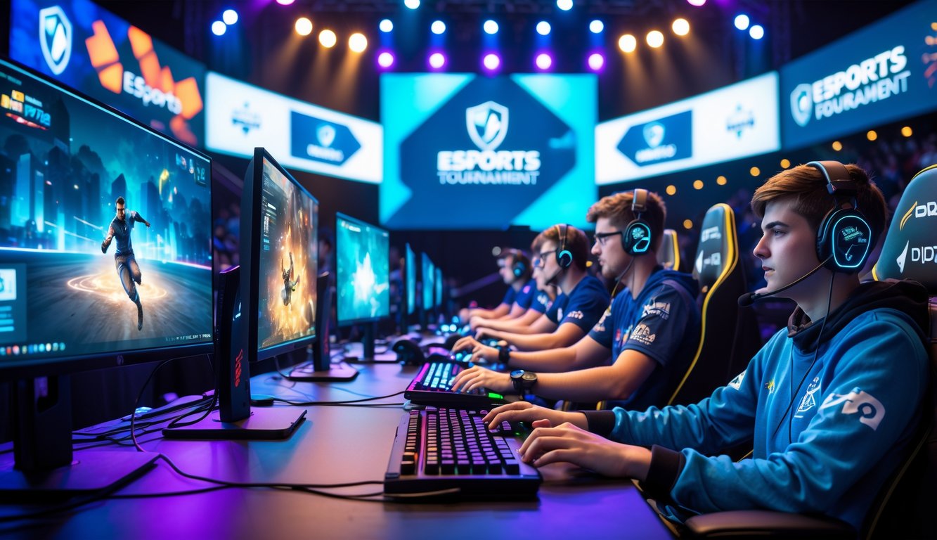 Sejumlah pemain esports sedang fokus bermain di turnamen dengan komputer gaming dan layar besar di latar belakang.
