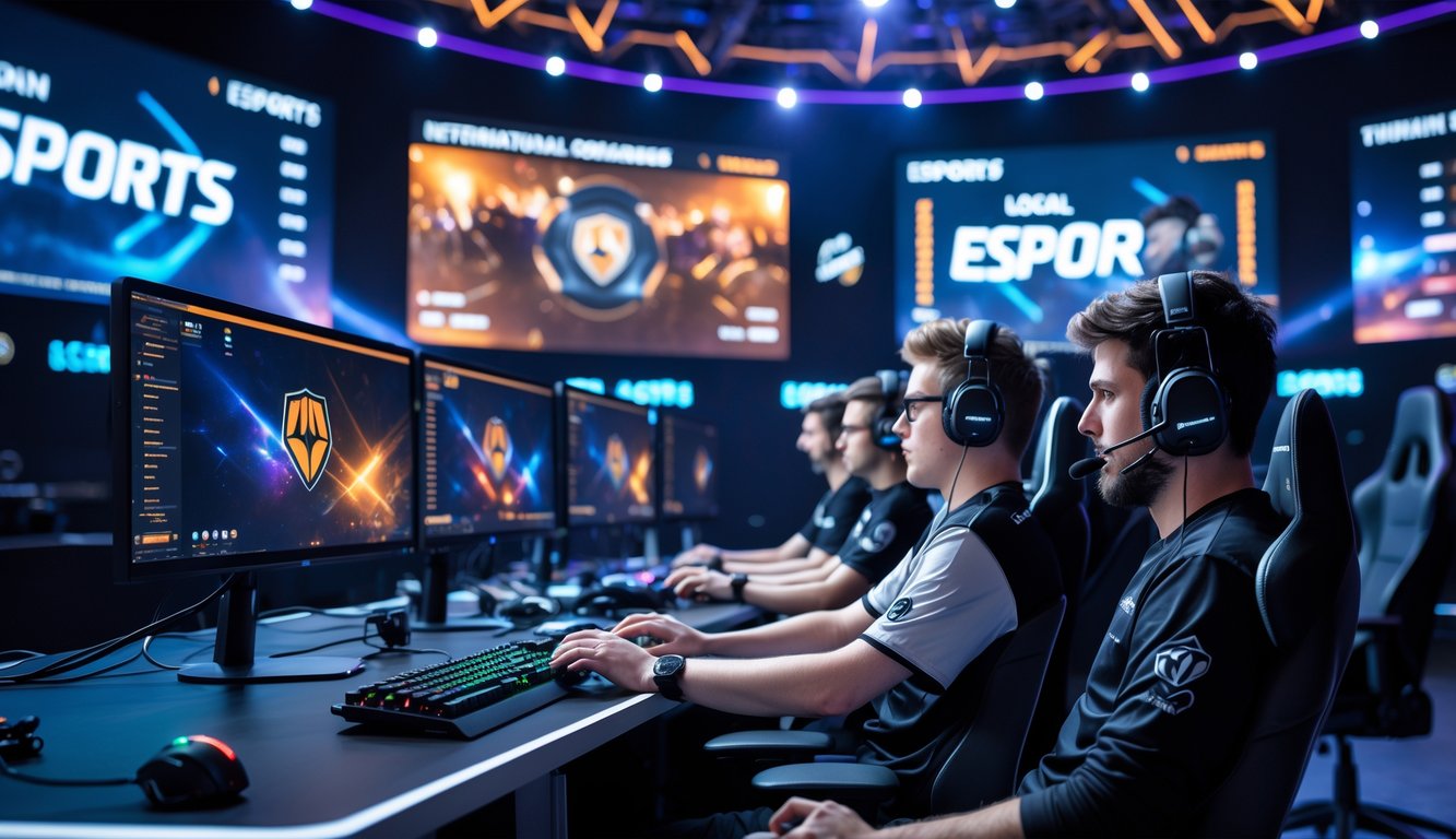 Sejumlah pemain esports fokus bermain di meja gaming dengan layar besar menampilkan pertandingan turnamen di latar belakang.