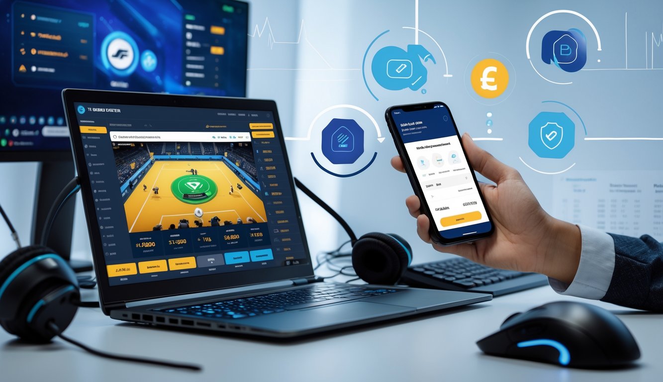 Seorang profesional muda menggunakan smartphone di meja kerja dengan laptop yang menampilkan permainan esports dan ikon pembayaran digital di latar belakang.