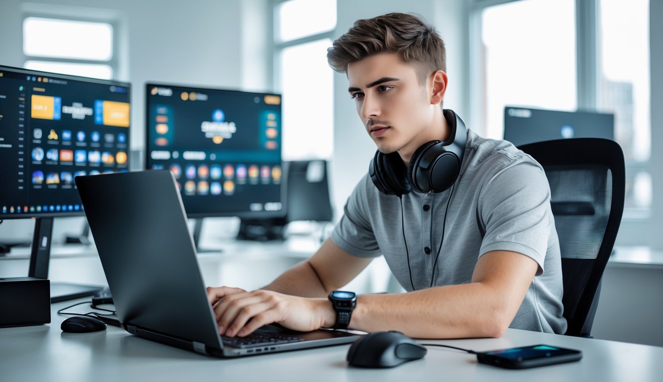 Seorang pria muda duduk di meja kantor modern dengan laptop dan layar komputer menampilkan game esports, fokus pada pekerjaannya.