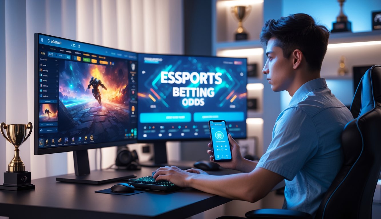 Seorang pemain esports duduk di depan komputer dengan layar menampilkan permainan esports dan aplikasi taruhan yang aman di smartphone di sampingnya.