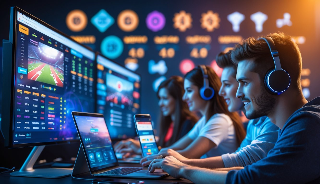 Sekelompok orang muda menggunakan perangkat digital di depan layar komputer dengan grafik permainan esports dan simbol cashback serta bonus yang bersinar di latar belakang.